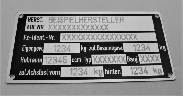 Var.7 Typenschild geätzt für PKW, Oldtimer, Auto 100x50x0,5mm beschriftet