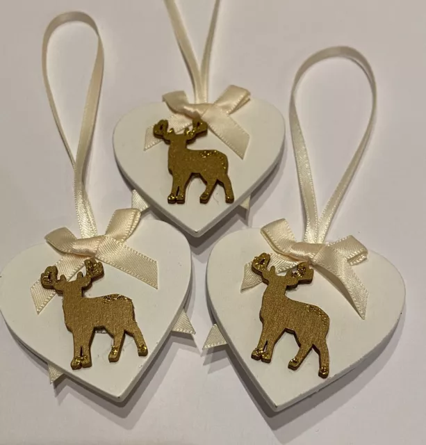 3 X Reindeer Christmas Decorations Real Wood Heart Embellishment Bows Gold Cream