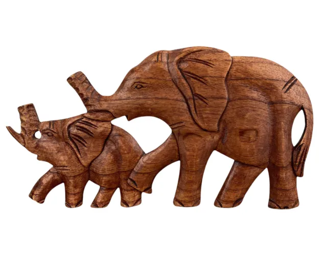 Wood Carved African Elephant Wall Hanging Art Decor  Mom And Baby 12”x7”
