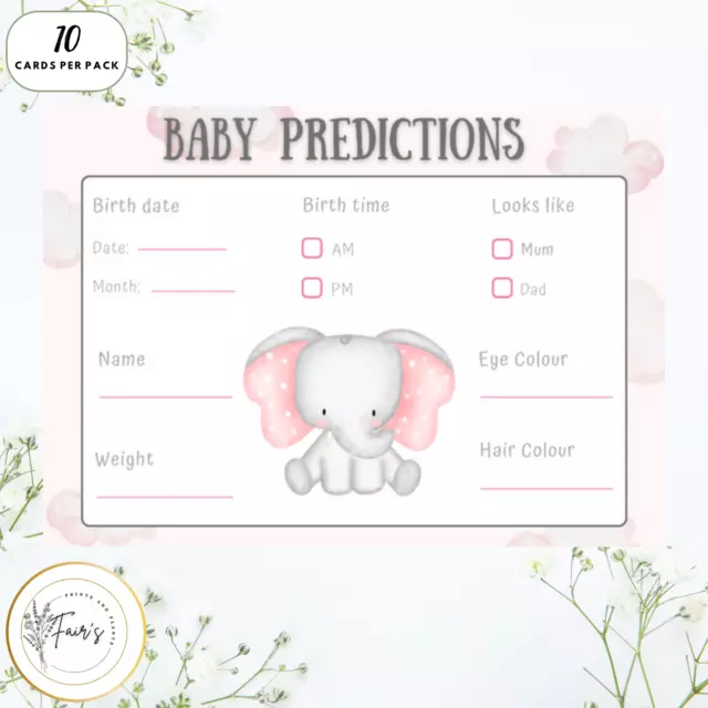 Baby Shower Prediction & Advice Games Cards Boy Girl Keepsake Elephant Pink Gret