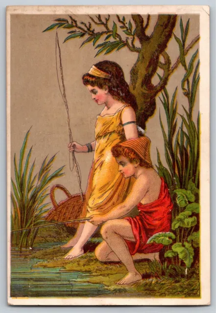 Great Atlantic and Pacific Co. (A&P) Victorian Trade Card Boy & Girl Fishing