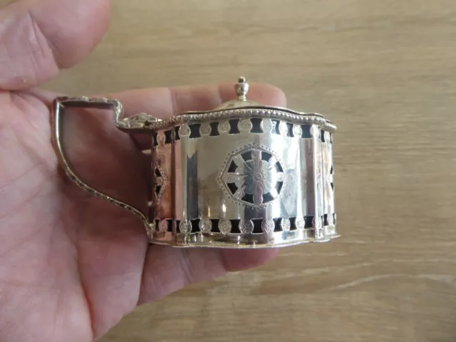 Antique Style English  Pierced Silver drum Mustard Pot, Liner,