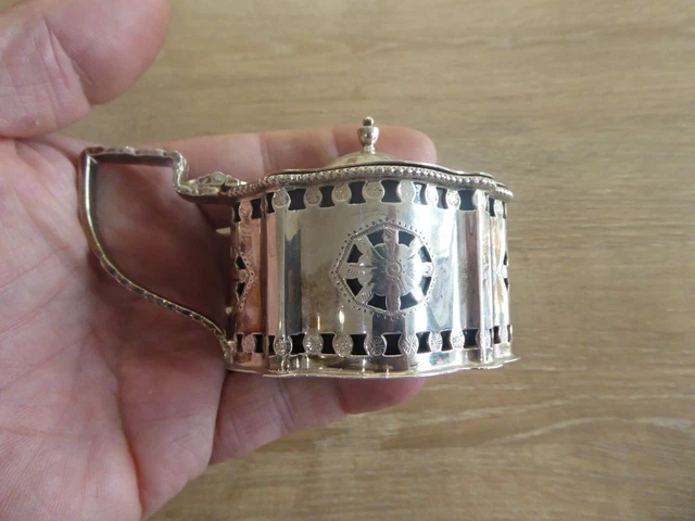 Antique Style English  Pierced Silver drum Mustard Pot, Liner,