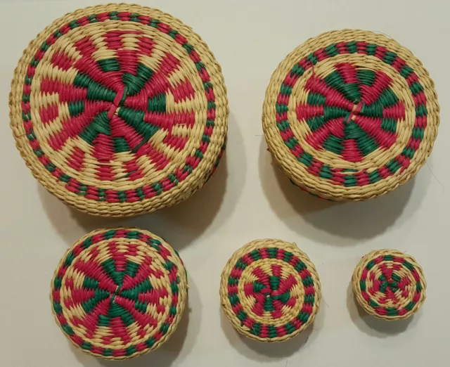 (5) VINTAGE Hand-Woven ROUND NESTING BASKETS with LIDS, COLORFUL, TIGHTLY x5