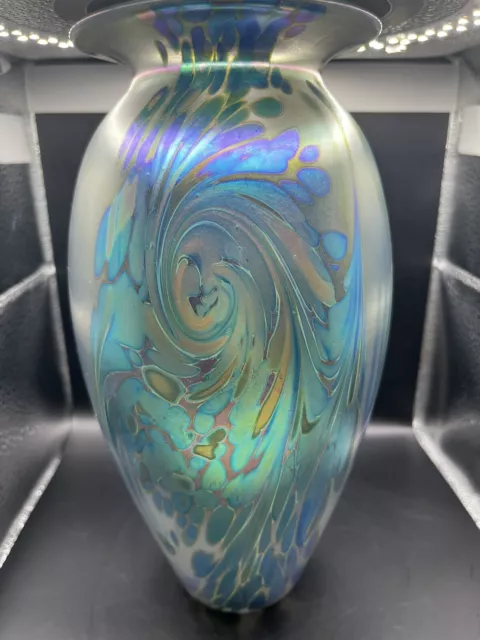 Eickholt Blue Green Iridescent Luster Art Glass Vase Signed Eickholt 9” 2005
