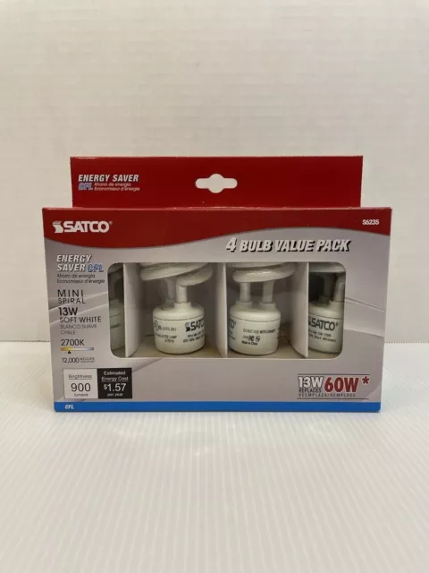 Satco CFL Mini Spiral 13W Compact Fluorescent 900 Lumens Soft White 2700K 4 Pack