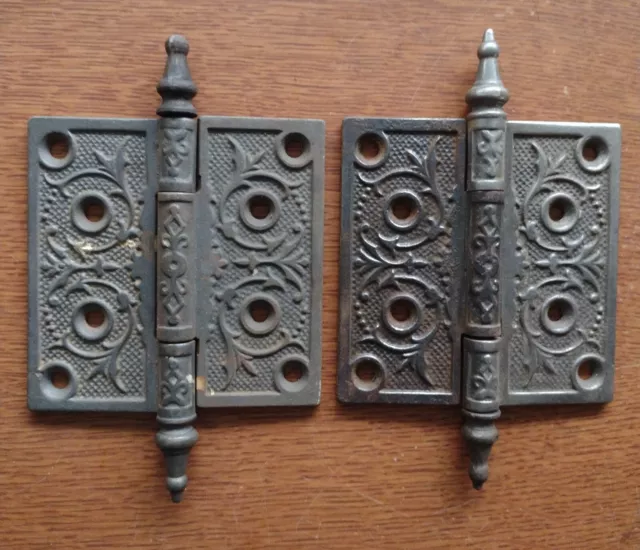 Two Victorian Antique Iron Ornate Steeple-Tipped Door Hinges 4" X 4" c1885
