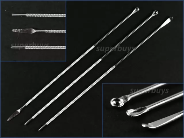 3pcs Long Ear Wax Curette Remover Cleaner Care Earpick Kit Stainless Steel Slim