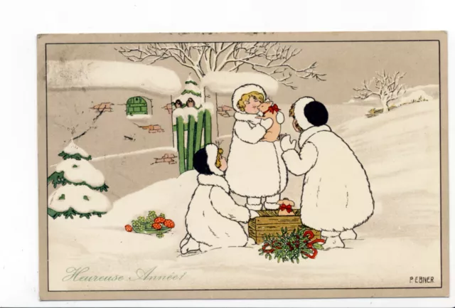 CPA - Illustrateur Pauli EBNER M.M. VIENNE 3 enfants ds la neige Heureuse Année