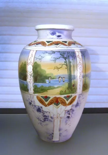 Antique Scenic Banded Nippon Hand Painted Moriage Vase