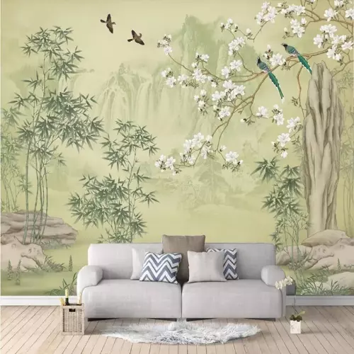 Mural Wallpaper 3D Bamboo Forest Flowers and Birds Wall Painting Room Decor