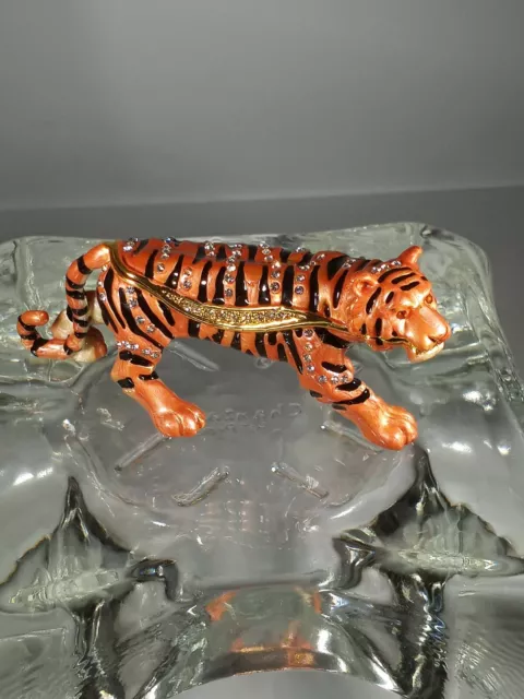 Tiger Trinket Box Hand Painted Enamel With Crystals