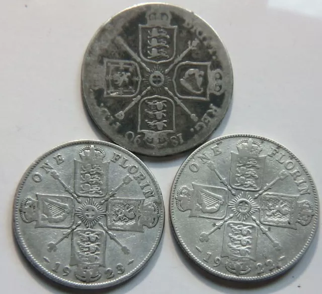 Royaume-Uni   Lot de 3 pièces   1 Florin  1890 +1922+1923   Argent