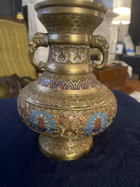 VTG Japanese Cast Brass Vase/Urn Champleve' Cloisonne Enameled Floral 2-Handled