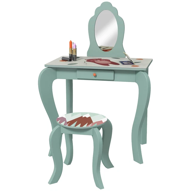 ZONEKIZ Toeletta Bambini con Specchio, Sgabello, Cassetto, Carino Design Animale, Gree