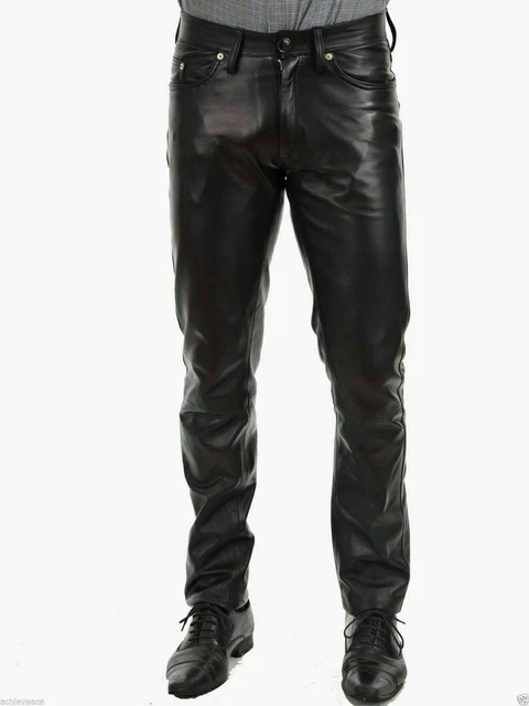 Uomo Vera Pelle Pantaloni Originale Morbida D'Agnello Motociclista Stile Casual