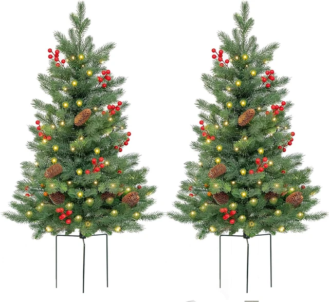 24 INCH OUTDOOR Christmas Tree 2 Set, PreLit Mini Flocked Christmas