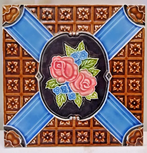 Antiguo azulejo mayólica art nouveau DK Japón cerámica motivo floral rosa decoración