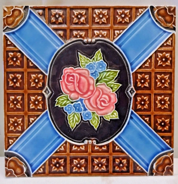 Antique Tile Majolica Art Nouveau DK Japan Ceramic Floral Motif Rose Pink Decora