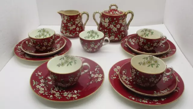 Antique Phlox Partial Teaset Red with Flowers 14 Pieces