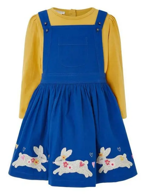 Monsoon Beatrix Pinny Dress & Top 2 Piece Set Bunny Blue & Ochre Gilrs 2-3 Years