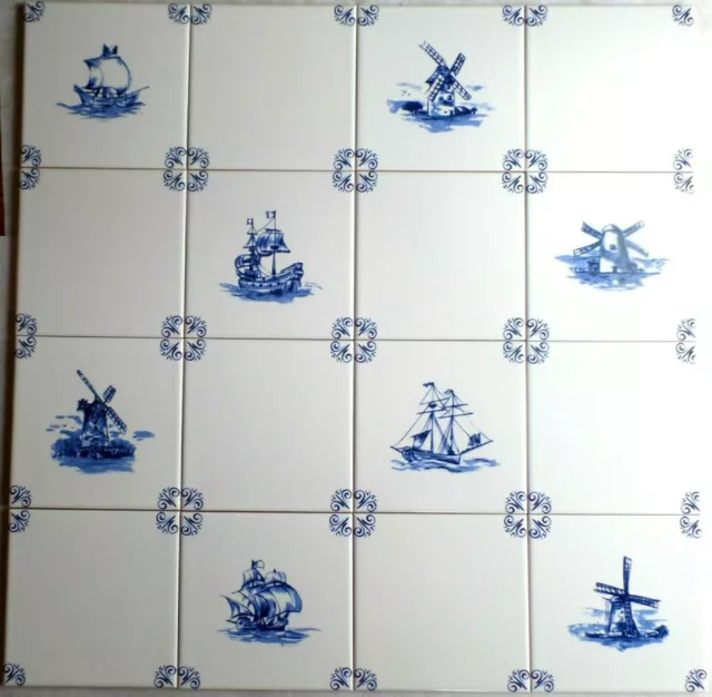 16 Delft Design 6x6 Kiln Fired Ceramic Tiles Blue & White Décor Ships & Windmill