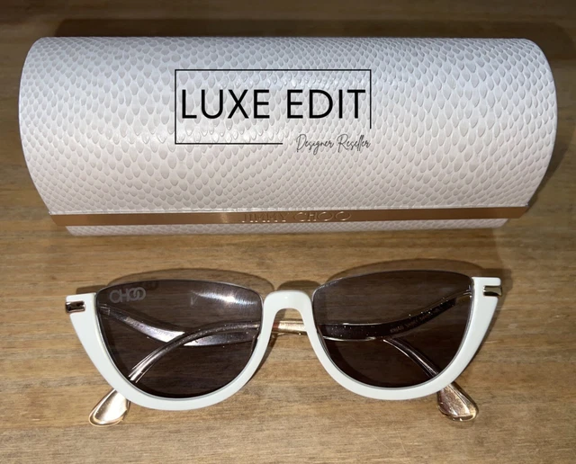 NEW JIMMY CHOO White Designer Iona Cat Eye Chic Gold Shimmer Glitter