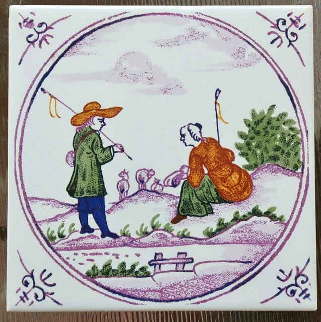 Vintage PILKINGTON Hand Painted TILE 6" x 6" - Woman & Man w/ Sheep, Pasture