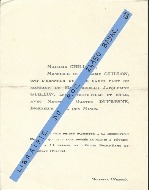 FAIRE PART MARIAGE + Gaston DUFRESNE /Jacqueline GUILLON + 1948