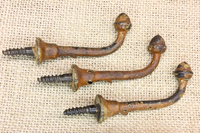 3 Old Single Coat Hooks Farm School House Acorn End Grain Paint Vintage 1850’s
