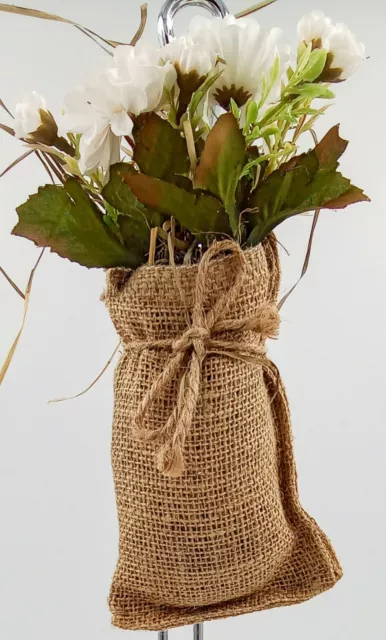 Handmade Burlap Bag with White Daisy Flowers Wire Hanger Jute Bow 8"L USA