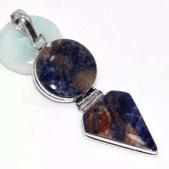 925 Argent Plated-Sodalite Ethnique Long Gemme Handmade Pendentif Bijou 3 "