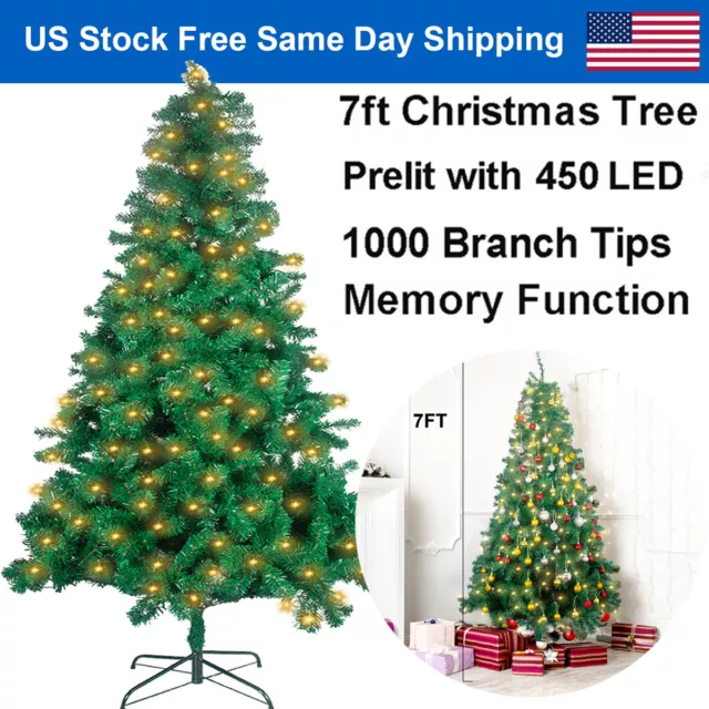 7ft Prelit Christmas Tree Artificial Decor Tree w/ Pre-Lit 450 LED String Lights