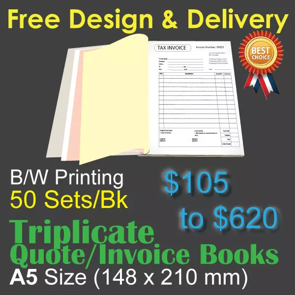 A5 Customised Printed Triplicate QUOTE / Tax INVOICE Books +Free Design&Post