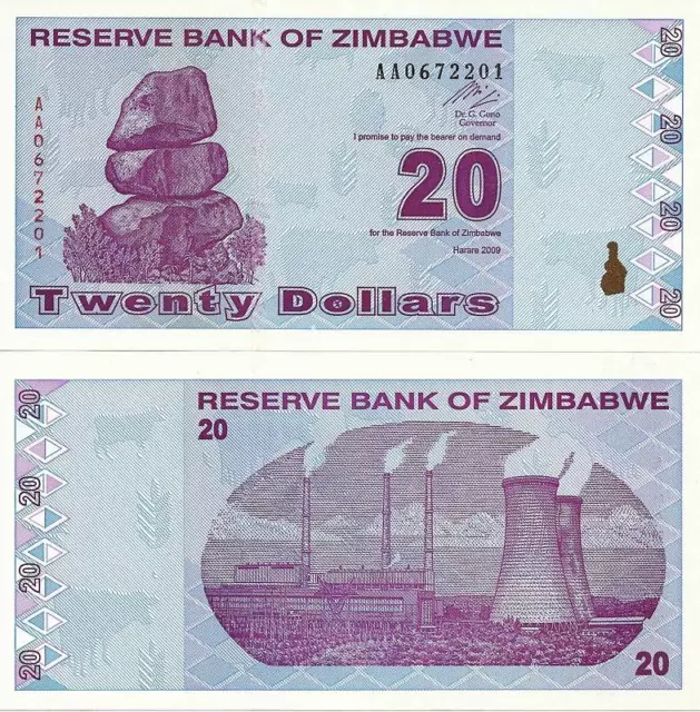 Zimbabwe 20 Dollars Uncirculated Note 2009 Prefix AA