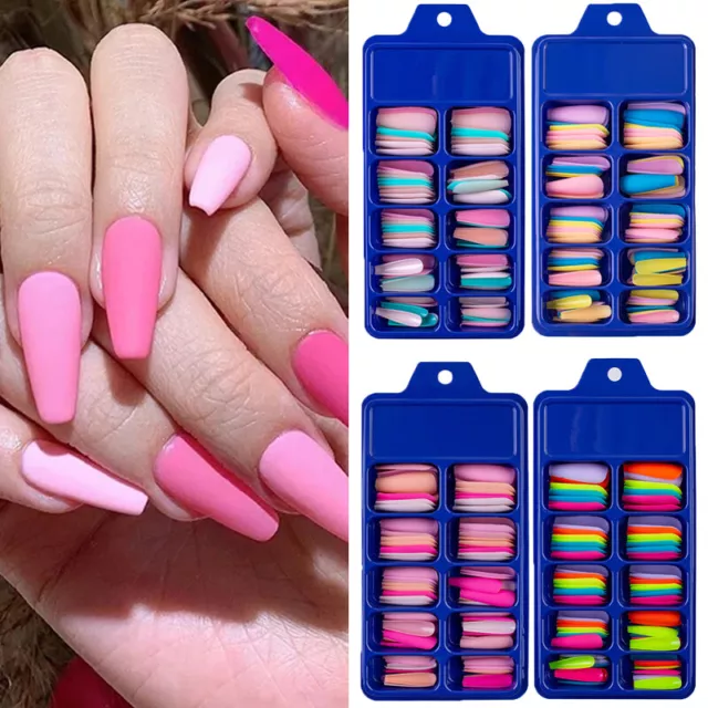 100 Piezas Uñas Postizas Set Necesidad Adhesivo Pegamento Francés Dedo Mani < 3