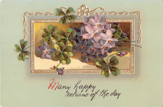 Gilded Old Gelatin Birthday Postcard of Lovely Violets & Four-Leaf Clovers