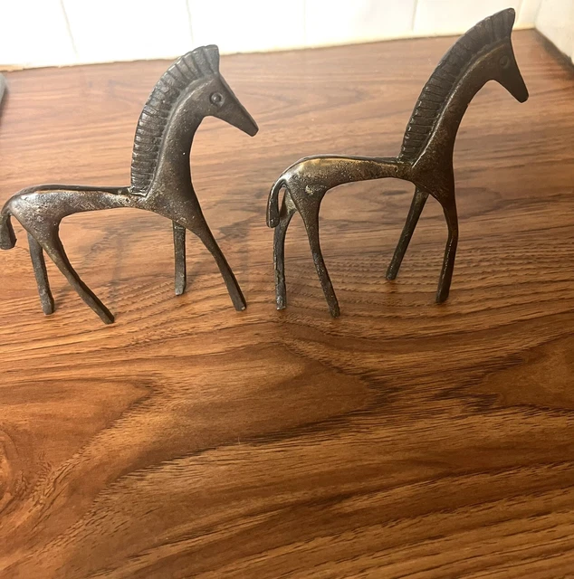 MID CENTURY Bronze Or Brass Greek Spartan Horses X 2, Signed 4x6”