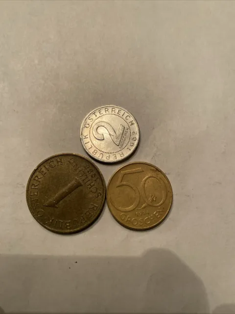 1974 Austria 50 Groschen, 1962 2 Groschen, 1988 Schilling Coins