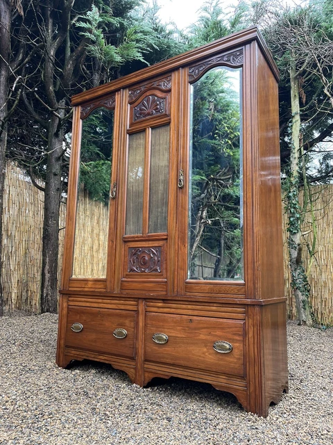 Antique Art Nouveau Edwardian Mirrored Carved Oak Triple Wardrobe Armoire #M