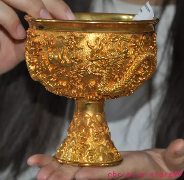 4.6" Ancient Chinese bronze 24k gold gilt fengshui dragon Wine vessel Goblet Cup 3