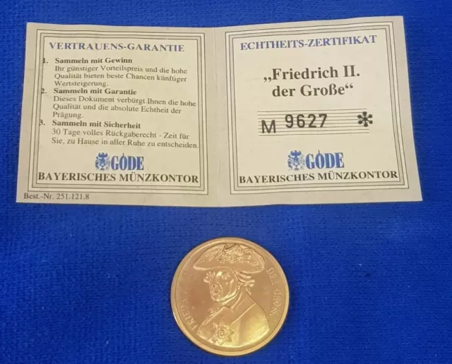 Gedenk Medaille Friedrich II. der Große vergoldet 30mm 12,02g mit Zertifikat