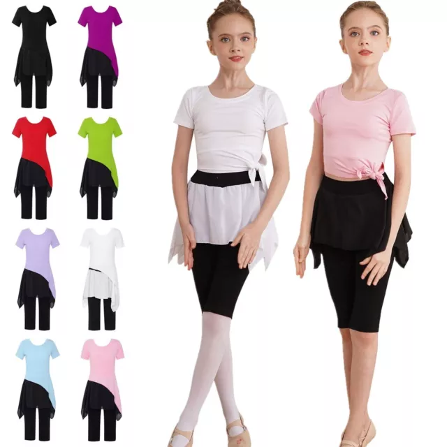 Kids Girls Crop Top With Skirted Leggings Athletic Tops With Pantskirt Chiffon
