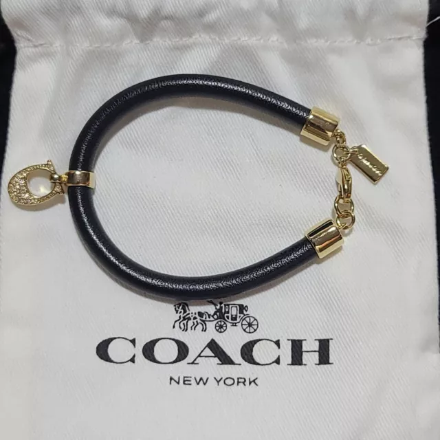 NEW Coach BLACK Leather Rope Bangle Bracelet Pave Rhinestone Signature C Charm