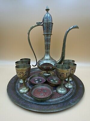 Vintage Colorful Brass Middle Eastern Ornate Tea Set, Service for 6