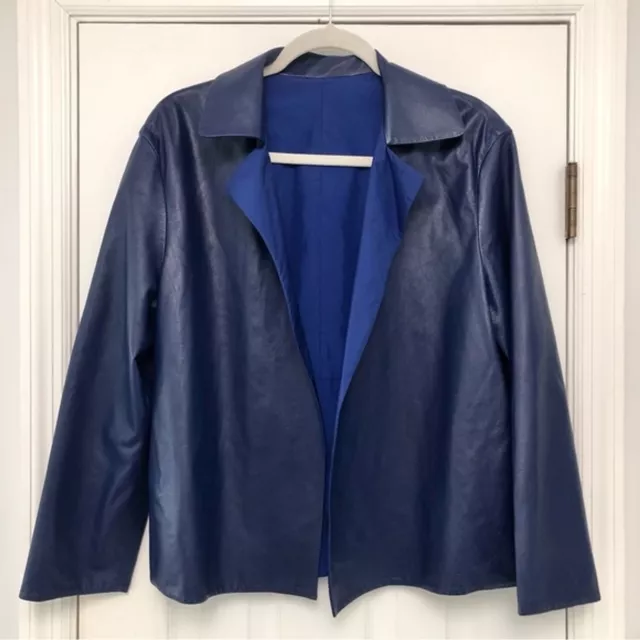 Lafayette 148 New York Blue Leather Jacket Open Front 2