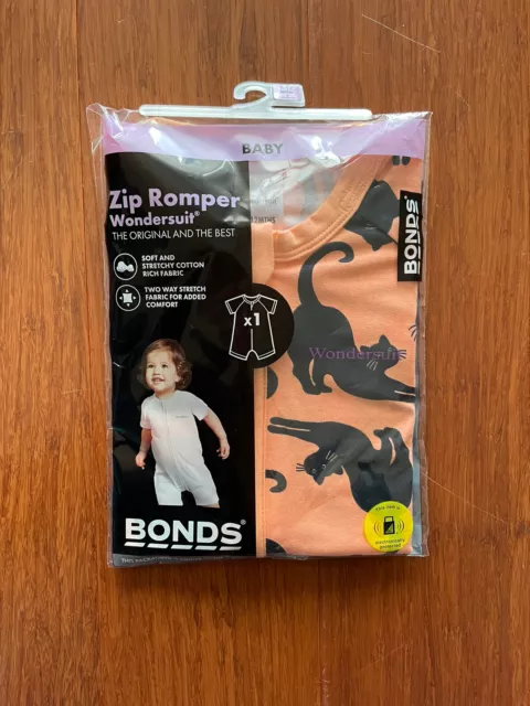 Bonds Baby Halloween Black Cat Orange Zip Romper Short Sleeve Size 0 BNIP