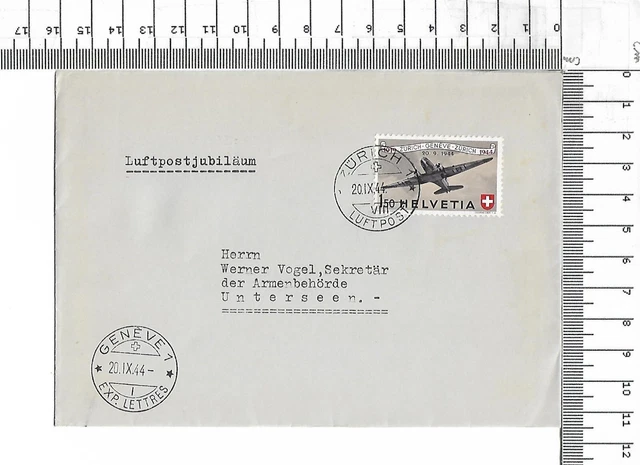 20.ix.44 Airmail 25th Anniversary Helvetia Zürich zwei Fürsorgemarken rv ; 61721
