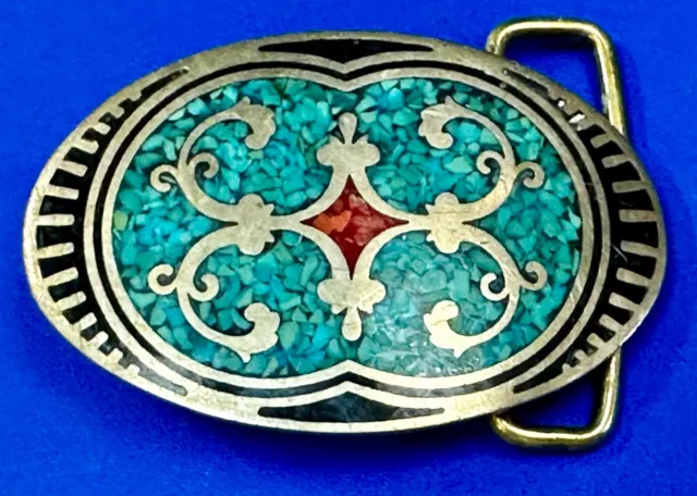 Turquoise & Coral chip Inlay Vintage 1981 Albuquerque NM Signed Belt Buckle 2