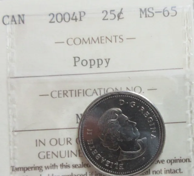 2004 Canada Poppy Quarter Coin ICCS MS 65 Twenty-Five Cents UNC 25 Cents